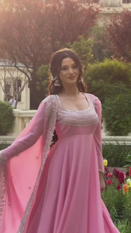 Elegant Pink Anarkali Suit with Embroidered Neckline & Flowing Dupatta