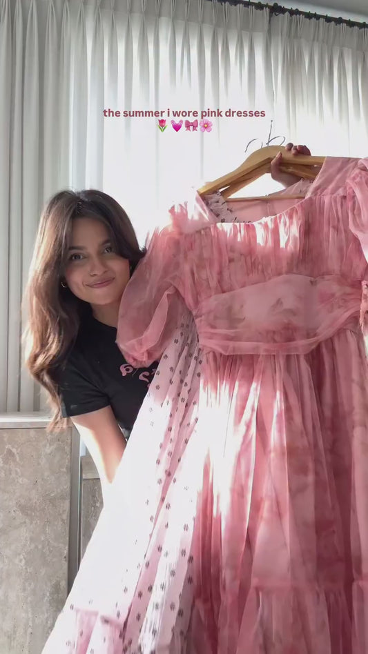 Elegant Summer Pink Ruffle Dress with Sheer Polka Dot Sleeves and Layered Flowy Design