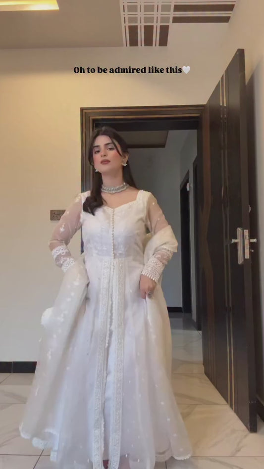 Elegant White Embroidered Anarkali Gown with Sheer Dupatta & Choker Neck Detail