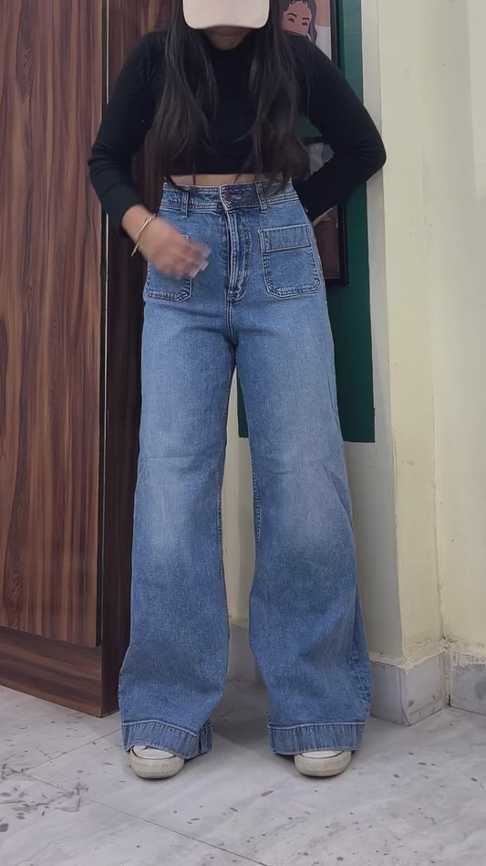 High Waist Wide Leg Blue Denim Jeans for Women – Trendy Baggy Fit Casual Streetwear Pants